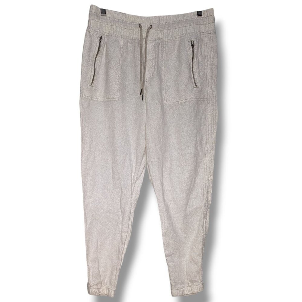 Athleta Cabo 100% Linen Pull On Jogger Pants Womens 12 Cream Pattern Drawstring